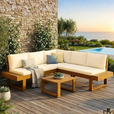 Imagem de Conjunto Sofá Modular de Canto Jardim Madeira Maciça Tecido Acquablock