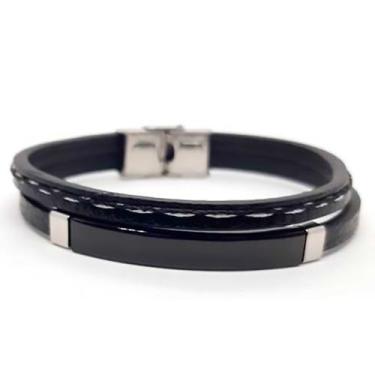Imagem de Bracelete Rosso 21 cm em Aço e Couro Preto com Detalhe - Rosso Design