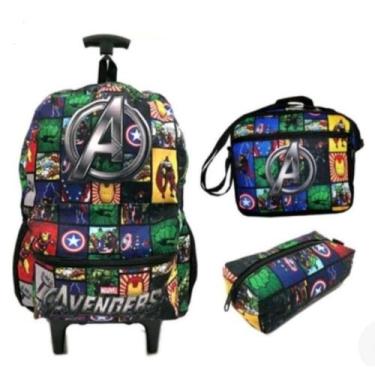 Imagem de Kit Mochila VINGADORES Juvenil Infantil Rodinhas Escolar