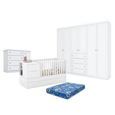 Imagem de Quarto de Bebê Americano 6 Portas com Berço Americano Multifuncional Formare Branco Acetinado – Matic - Henn e Colchão TendTudo