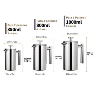 Imagem de Cafeteira Francesa de 350ml/800ml/1000ml em Aço Inoxidável com Parede 