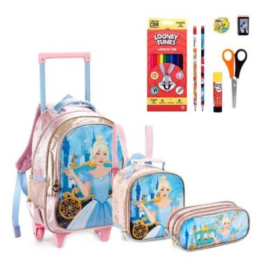 Imagem de Kit Mochila Rodinha Lancheira Estojo Infantil Menina Princesa Cinderel