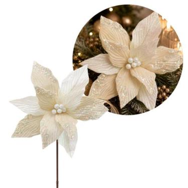 Imagem de Flor Bico de Papagaio Natalina Luxo Branco Cristal e Creme Tecido Fris