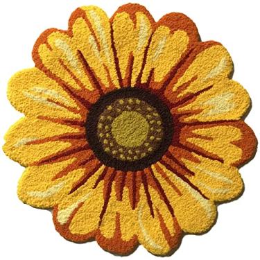 Imagem de Tapete de área de girassol 49,82 cm x 49,82 cm Tapete de banheiro floral amarelo macio plush flor capacho antiderrapante tapete pequeno artesanal floral tapete para cozinha banheiro quarto sala de estar amarelo