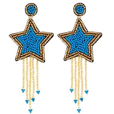 Imagem de Brincos de miçangas de lua Brincos de estrela da lua Brincos boêmios Brincos de lustre de semente de semente, longos brincos de bordas de contas artesanais de miçangas grandes de brincos de praia de v