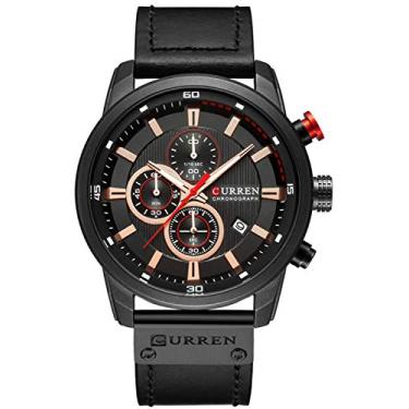 Imagem de Gosasa Relógio masculino esportivo, cronógrafo, quartzo, pulseira de couro marrom, data, 30 m, impermeável, militar masculino, Preto e preto, Relógio de quartzo, cronógrafo