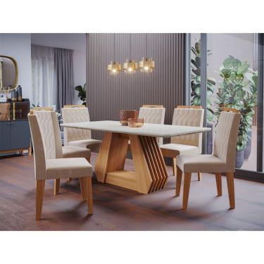 Imagem de Conjunto de Mesa de Jantar com Tampo de Vidro Off White Agata e 6 Cadeiras Paola Suede Nude e Madeira