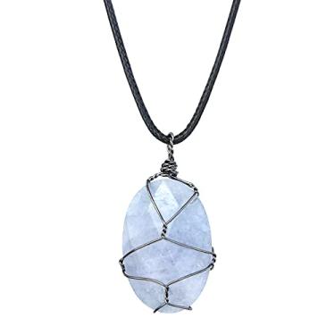 Imagem de Colar com pingente de pedra marinha trançada à mão, pedra de cura de cristal natural da coragem, chacra da garganta e auxílio de comunicação, joia de presente para homens e mulheres