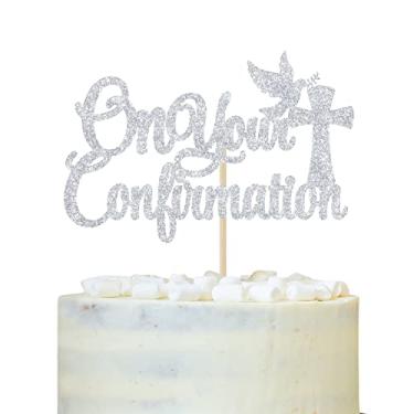 Imagem de On Your Confirmation Topper de bolo, God Bless, para crianças, aniversário, chá de bebê, casamento, chá de panela, batismo, decoração de festa de batismo, glitter prateado