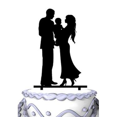 Imagem de Meijiafei Noiva e noivo segurando bebê silhueta família bolo acrílico Topper