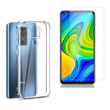 Imagem de Kit Capinha Celular Antichoque Compatível Xiaomi Redmi Note 9 + 2 Películas Vidro (Não Cobre Bordas Curvas do Aparelho)