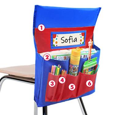 Imagem de AUVCAS Cadeira escolar com organizador de bolso de armazenamento, compartimento para etiqueta, vários bolsos para escola, casa, sala de aula, pré-escola, creche (vermelho + azul)