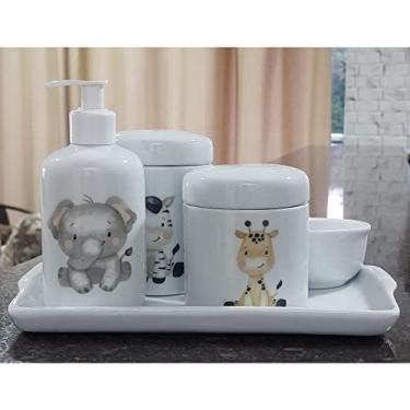 Imagem de Kit higiene bebê Safari 5 peças - Bandeja, potes, porta álcool e molhadeira - Tudo Porcelana