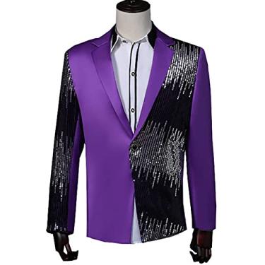 Imagem de Blazer de retalhos masculino lantejoulas slim fit terno jaqueta de um botão festa baile roupas de boate cavalheiro terno formal para banquete, roxo, G (busto: 104 cm)