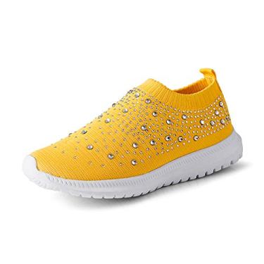 Imagem de GOSPT Tênis feminino de malha para caminhada, strass, glitter, sem cadarço, para salão, jazz, dança latina, meia, Amarelo, 40