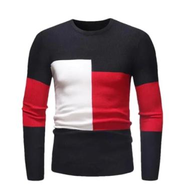 Imagem de KANG POWER Suéter casual de gola redonda suéter masculino de malha colorblock, Preto, G