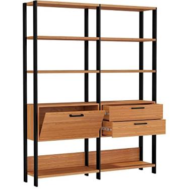 Imagem de Estante Elegante 2 Torres com 1 Gaveteiro e 1 Porta 1,45 MT (LARG) cor Freijo Fosco com Preto Fosco - 52822 Sun House