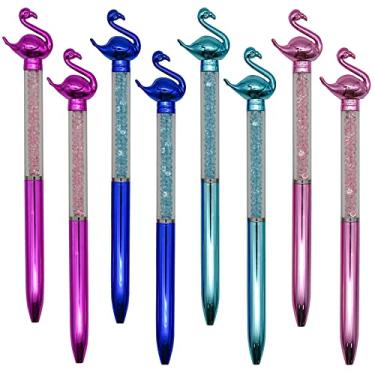 Imagem de Maydahui 12 canetas esferográficas flamingo, retrátil, de cristal de cisne, areia movediça, animais fofos, tinta preta para escola, escritório, papelaria