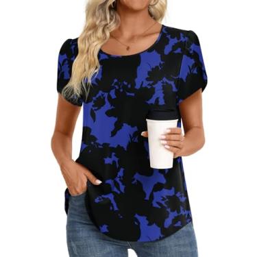 Imagem de HOTGIFT Camiseta feminina casual confortável solta leve túnica tops macia elástica camiseta blusa básica, Flor azul, M