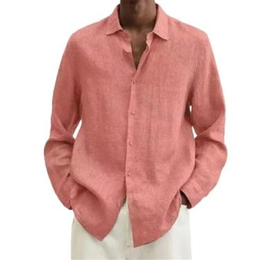 Imagem de Camisa masculina casual de linho de algodão lisa manga longa solta camiseta masculina primavera outono, Laranja, M