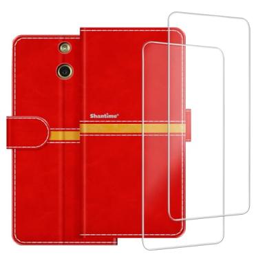 Imagem de ESACMOT Capa de celular compatível com HTC One E8 + [2 unidades] película protetora de tela de vidro, capa protetora magnética de couro premium para HTC One E8 (5 polegadas) vermelha
