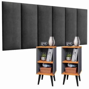 Imagem de Kit 2 Mesas Cinza Cinamomo Retro Pés Palito E Cabeceira Cinza Suspensa Estofada Suede Cama Box Tipo Painel (Queen)