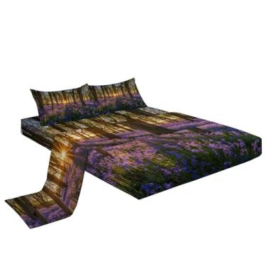 Imagem de Eojctoy Jogo de cama King com estampa de lavanda Sunshine Forest, microfibra super macia, 4 peças, 1 lençol com elástico, 1 jogo de lençol com elástico e 2 fronhas, 40 cm de profundidade para quarto