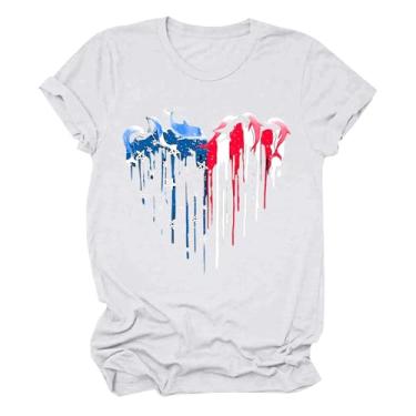 Imagem de Camiseta feminina com bandeira americana Dia da Independência Patriótica 4th of July Heart Graphic Tees Shirts Star Stripe Tops, Branco, G