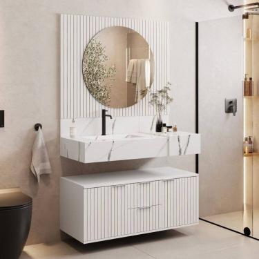 Imagem de Conjunto Para Banheiro Bancada Em Porcelanato Com Cuba Esculpida, Armário e Espelho Ripy 100cm Branco