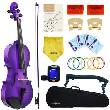 Imagem de Crafteem Violino premium colorido roxo 1/4 para iniciantes adultos crianças com fita de dedo de 5 cores - violino iniciante feito à mão (roxo, 1/4)
