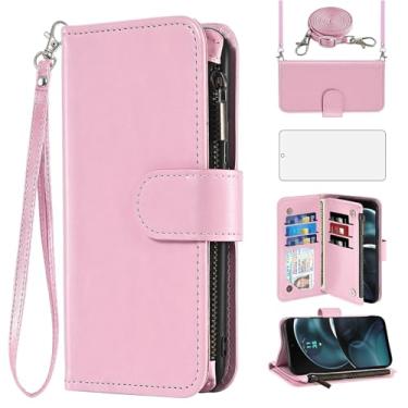 Imagem de Asuwish Capa para celular Motorola Moto G14 carteira com protetor de tela de vidro temperado alça transversal de couro flip zíper suporte para cartão de crédito suporte MotoG14 mulheres meninas homens