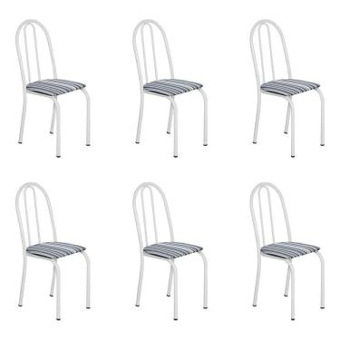 Imagem de Kit 6 Cadeiras De Cozinha Califórnia Estampado Preto Listrado Pés De Ferro Branco