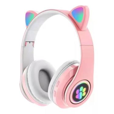 Imagem de Fone De Ouvido Com Orelha de Gatinho Infantil Headphone Bluetooth com Luzes RGB nas orelhinhas e patinhas para crianças tamanho ajustável dobrável (Rosa/Branco)