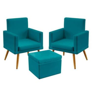 Imagem de Kit 2 Poltronas Para Sala de Estar Vega Rodapé e Puff Quasar Sued Azul