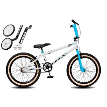 Imagem de Bicicleta Aro 20 BMX PRO X S1 Faixa Bege V-Brake e Rodinhas,Branco Azul