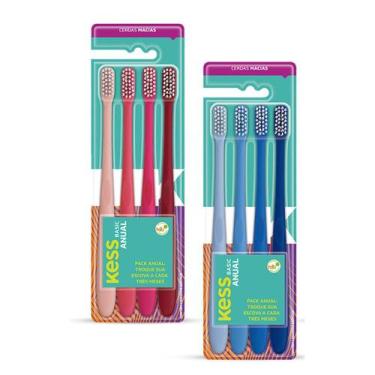 Imagem de Kit Pack Anual c/ 4 Escovas Dentais Basic Kess Cerdas Macias, Rosa