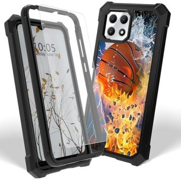 Imagem de Dikoer Capa T-Mobile Revvl 7 5G com protetor de tela, camada dupla resistente de policarbonato rígido e capa protetora de silicone à prova de choque para T-Mobile Revvl 7, basquete flamejante