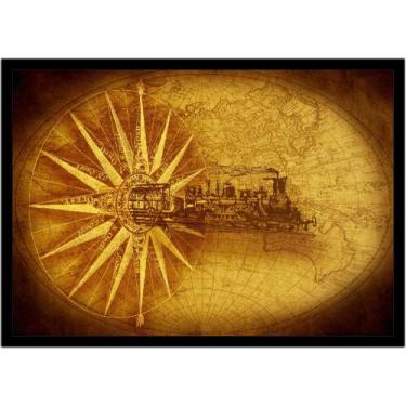Imagem de Quadro Decorativo Mapa-Múndi Vintage Locomotiva Trem Artes Escritório 