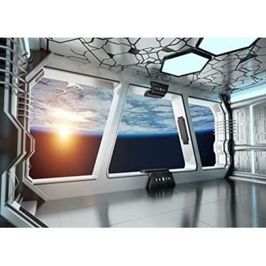 Imagem de LYWYGG Pano de fundo interior de nave espacial de 3,5 x 2,2 m com vista para janela no planeta cenários exploração do universo ficção científica nave espacial fotografia fundo estação espacial adereços de estúdio fotográfico CP-414-1008