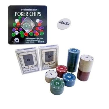 Imagem de Fichas De Poker 100 Fichas + Baralhos + Lata