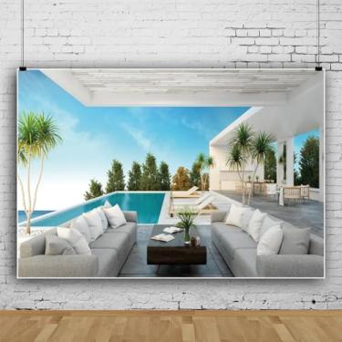 Imagem de Pano de fundo para varanda, sofá ao ar livre, piscina, fundo de vila, para aniversário, férias, turistas, viagens, festas, decoração de cabine fotográfica, adereços de estúdio de vinil 3 x 2 m