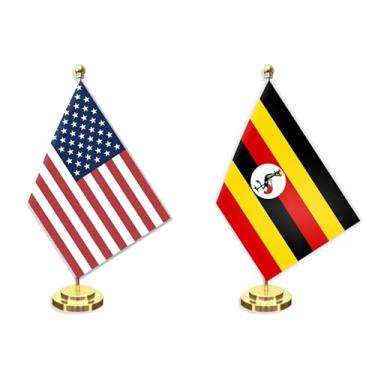 Imagem de Conjunto de 2 unidades de bandeira pequena Uganda American Desktop, mini banner de mesa uganda de 12 × 20,38 cm, decoração de poste sólido de metal de 30,48 cm, pequeno banner de poliéster impresso