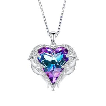 Imagem de ROYAL DIAMOND'S Colares femininos de cristal com asas de anjo com coração banhado a branco com cristal roxo, presente de aniversário de Natal, Dia dos Namorados, presente de aniversário para namorada,