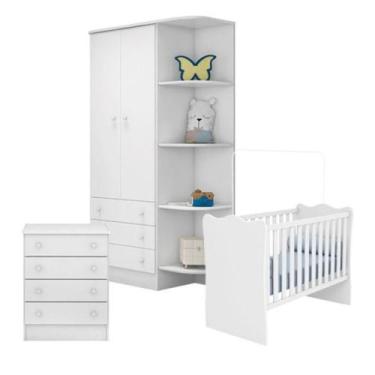 Imagem de Quarto de Bebê Completo Berço Guarda Roupa Cômoda Doce Sonho Branco Qm