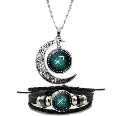 Imagem de Conjunto de Pulseira de Constelação Ailiessy Vintage Crescente Lua Tempo Pedra preciosa Zodiac Pingente Colar Pulseira de Couro Zodiac para Homens e Mulheres