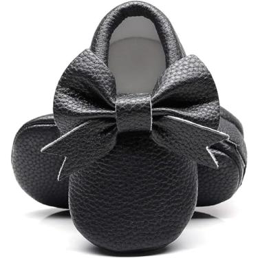 Imagem de Bebila Mocassins de bebê com franjas de laço duplo - Sapatos de bebê com sola macia para meninas e crianças pequenas, Preto 2, 6-12 Months Toddler