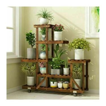 Imagem de LICONG-2020 Vaso de madeira para plantas com rodas, várias camadas, prateleira de exibição de flores, suporte de armazenamento móvel interno, vaso externo