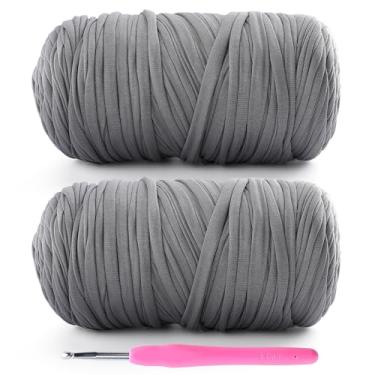 Imagem de Pacote com 2 fios de camiseta para crochê - 800 g/260 m para sacos de crochê/cestas/decoração de casa - fio de camiseta de tecido elástico macio com 1 agulha de crochê (2, cinza claro)