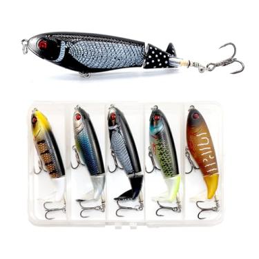 Imagem de SENPHE 5 iscas de pesca em água superior para pesca de robalo com caixa de armazenamento, isca de pesca Whopper Popper para robalo, bagre, pique, isca flutuante de baixo com cauda rotativa de água