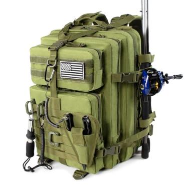 Imagem de Mochila grande para equipamentos de pesca de 45 l com suporte removível para alicate e suportes de vara, bolsa tática verde, organizador de equipamentos de pesca e caixa de equipamentos, mochila de